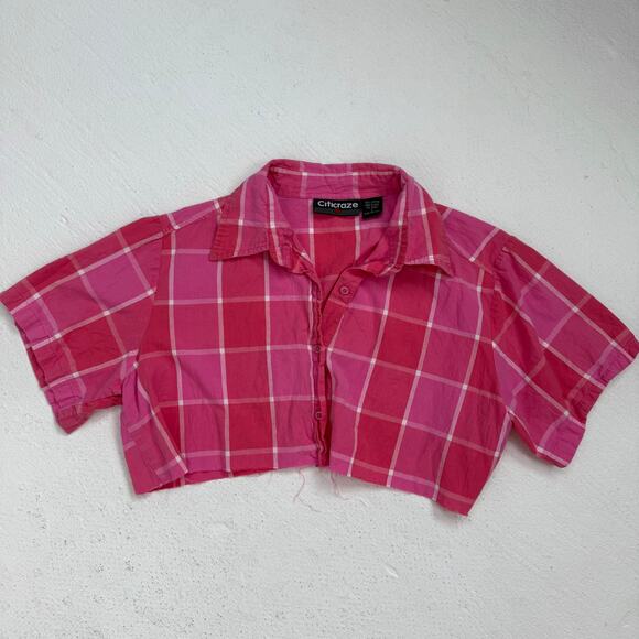 Upcycled Vintage Citicraze Pink Plaid Cropped Button Up Shirt, Size Large - Picture 5 of 8